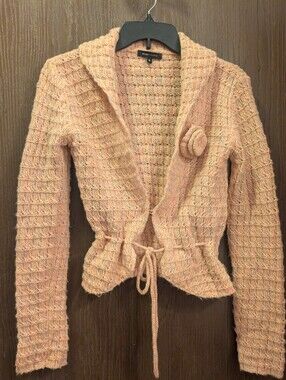 BCBG Max Azria Sz-S  Crochet Knit Peach Cardigan Collar Hook & Tie Front